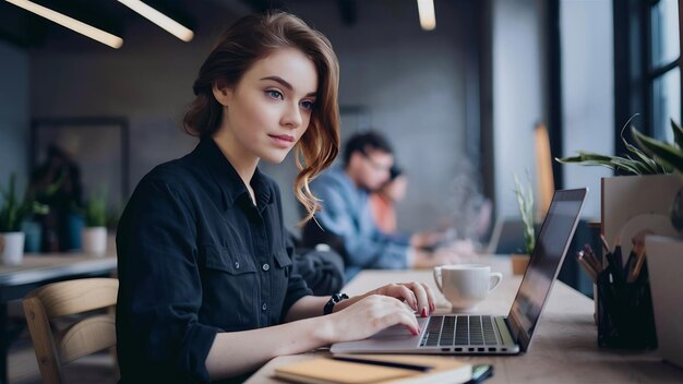 Ritratto di una giovane donna carina seduta al tavolo con la camicia nera che lavora al portatile in un ufficio di coworking