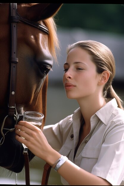 Ritratto di una giovane donna che beve acqua durante le lezioni di equitazione creato con l'AI generativa