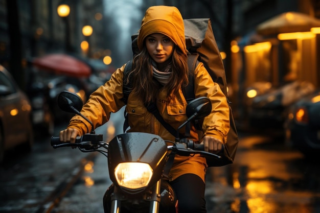 ritratto di una giovane donna che consegna in moto