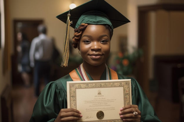 Ritratto di una giovane donna che mostra il suo certificato dopo la laurea creato con l'IA generativa