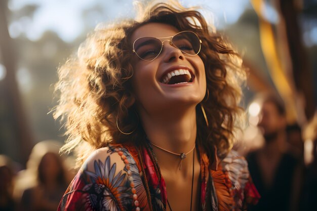 Ritratto di una giovane donna che si diverte a un concerto di un festival musicale estivo