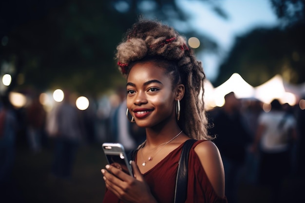 Ritratto di una giovane donna che utilizza un telefono cellulare durante un evento all'aperto creato con l'IA generativa