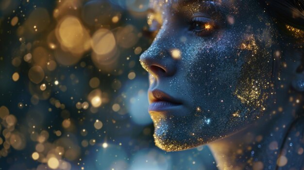 Ritratto di una giovane donna con elementi di particelle luminose e stelle scintillanti su un viso