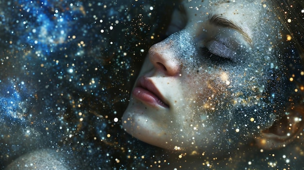 Ritratto di una giovane donna con elementi di particelle luminose e stelle scintillanti su un viso