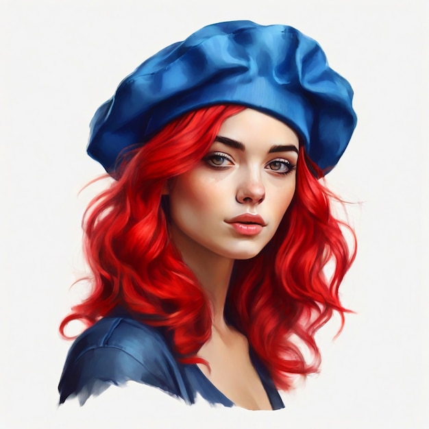 Ritratto di una giovane donna con i capelli lunghi blu in un cappello elegante rosso