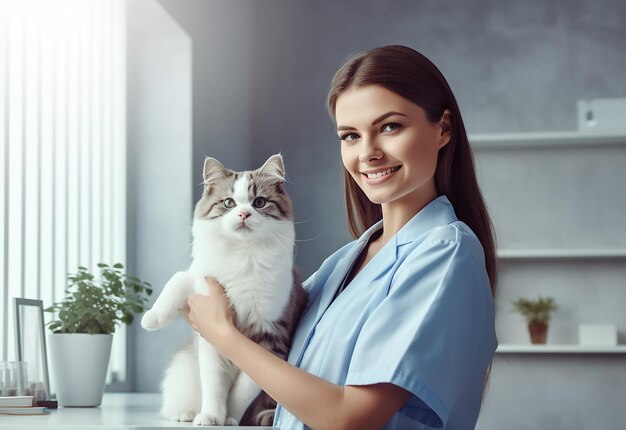 Ritratto di una giovane donna con il suo gatto carino a casa