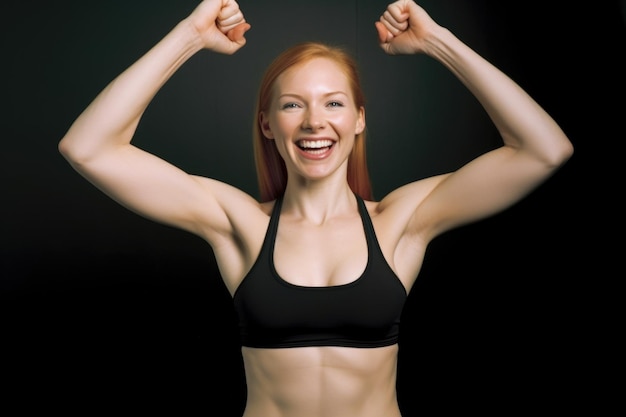 Ritratto di una giovane donna con le braccia alzate che mostra il suo reggiseno sportivo creato con AI generativa