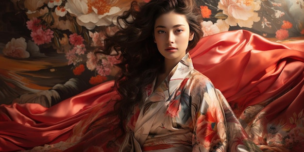 Ritratto di una giovane donna con un kimono floreale Foto di alta qualità AI generativa