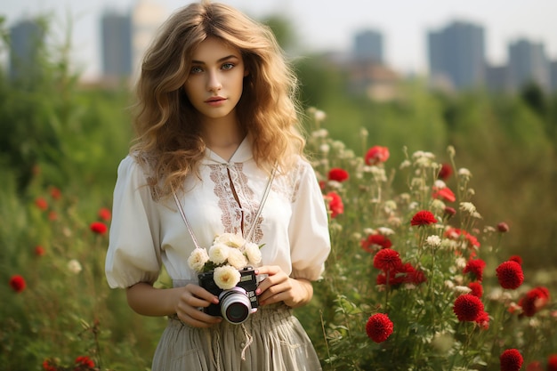 ritratto di una giovane donna con una fotocamera retro