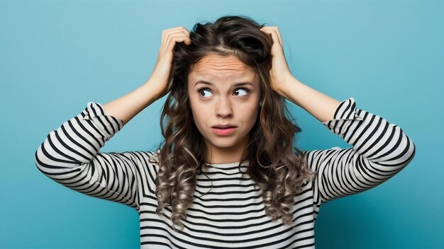 Ritratto di una giovane donna confusa che guarda i suoi capelli