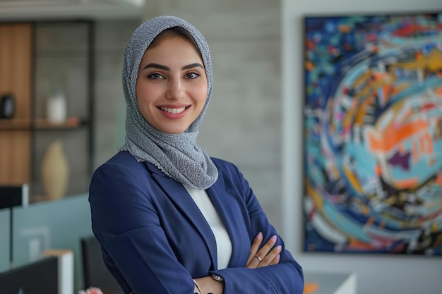 Ritratto di una giovane donna d'affari araba sicura di sé in ufficio con un abito da lavoro blu Un manager aziendale di successo che posa per la telecamera con le braccia incrociate sorridendo allegramente