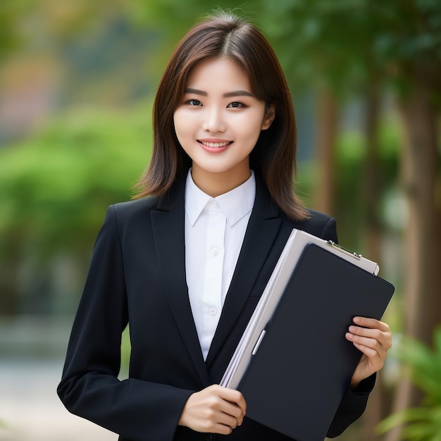 Ritratto di una giovane donna d'affari asiatica che utilizza un tablet digitale gestore professionale che tiene in mano un tablet digitale utilizzando applicazioni software in piedi di fronte a un moderno edificio aziendale