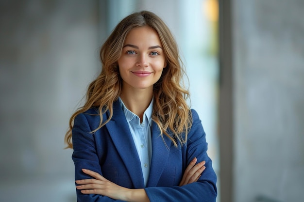 Ritratto di una giovane donna d'affari caucasica sicura di sé in ufficio con un abito da lavoro blu Un manager aziendale di successo che posa per la telecamera con le braccia incrociate sorridendo allegramente