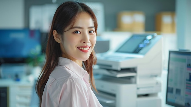 Ritratto di una giovane donna d'affari felice che lavora in ufficio con un documento da copiare con la stampante laser
