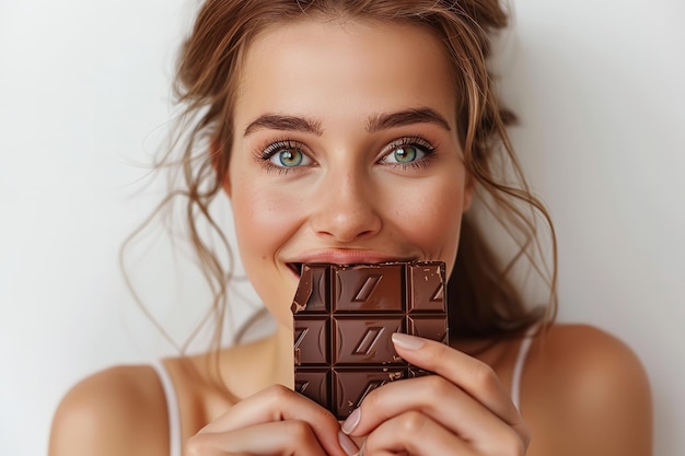 Ritratto di una giovane donna desiderosa di cioccolato con uno spazio per il testo e una superficie bianca in studio AI generativa