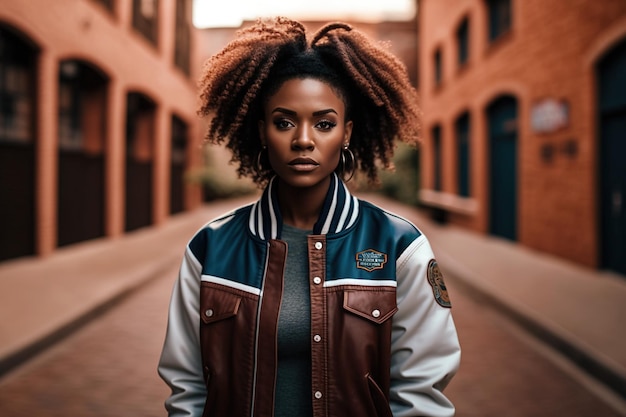 Ritratto di una giovane donna di colore con i capelli afro che indossa abiti casual moda di strada moderna guardando la telecamera calma e raccolta Ai generato