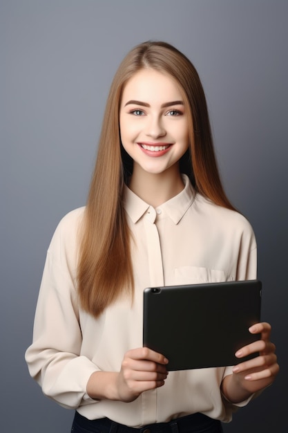 ritratto di una giovane donna felice che tiene in mano una tavoletta digitale con spazio di testo per la copia creato con intelligenza artificiale generativa