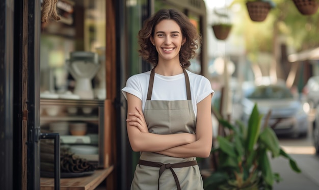 Ritratto di una giovane donna felice proprietaria di una piccola azienda di caffetteria in piedi all'ingresso