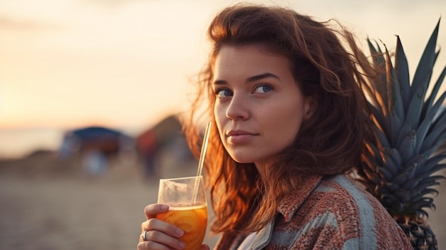 Ritratto di una giovane donna gioiosa che sorseggia un cocktail mentre guarda il tramonto sulla spiaggia IA generativa