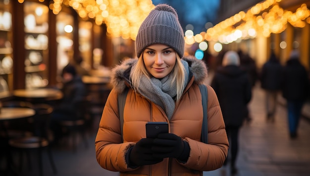 Ritratto di una giovane donna in abiti da inverno con un telefono cellulare in città