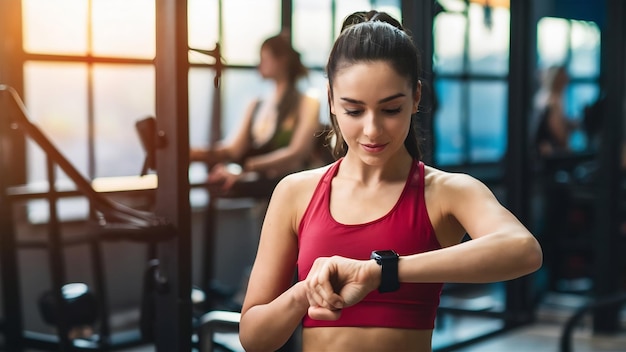 Ritratto di una giovane donna in fitness che guarda il suo orologio da polso