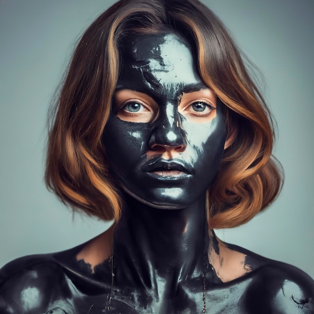 Ritratto di una giovane donna in posa ricoperta di vernice nera
