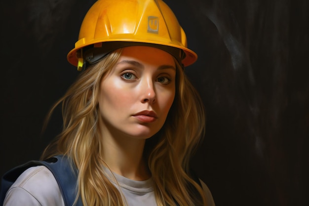 Ritratto di una giovane donna in un casco da costruzione su uno sfondo scuro