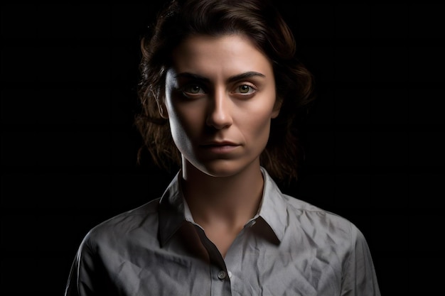 Ritratto di una giovane donna in una camicia bianca su uno sfondo scuro