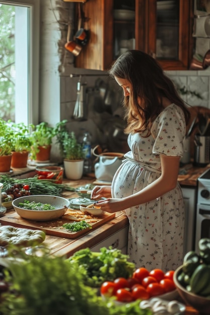 Ritratto di una giovane donna incinta che prepara un pasto sano in cucina Iperrealistico