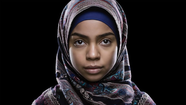 Ritratto di una giovane donna musulmana in hijab su sfondo nero