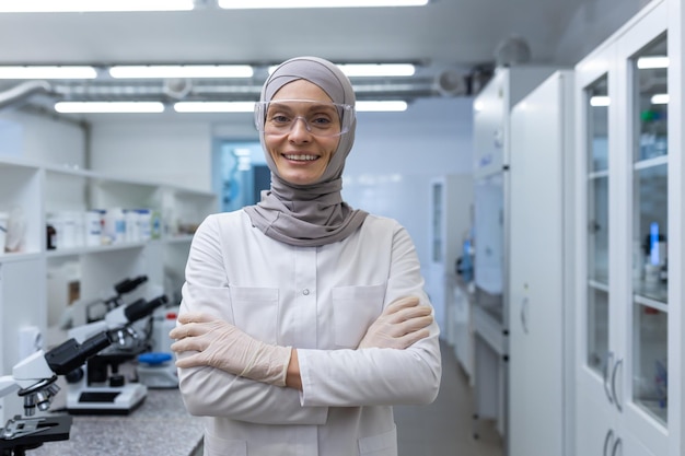 Ritratto di una giovane donna musulmana tecnico di laboratorio scienziato chimico biologo che indossa un hijab