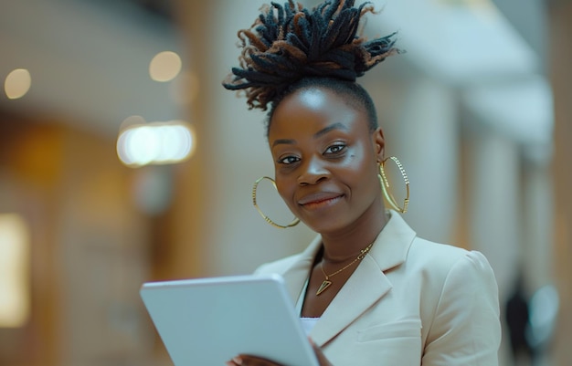 Ritratto di una giovane donna negra responsabile di un'azienda che lavora su un tablet in un moderno edificio per uffici Specialista africano sicuro di sé che cerca documenti online e sorride nel corridoio