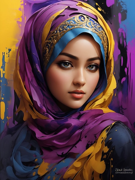 Ritratto di una giovane donna o ragazza musulmana splendida e colorata con un foulard
