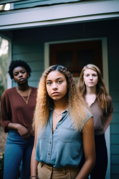 Ritratto di una giovane donna sicura di se stessa in piedi fuori da casa sua con altre due amiche