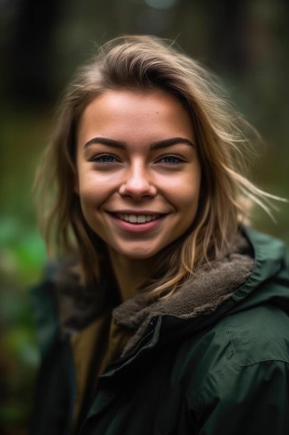 Ritratto di una giovane donna sorridente all'aperto creato con l'intelligenza artificiale generativa