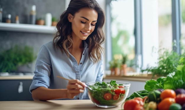 Ritratto di una giovane donna sorridente casalinga che mescola un'insalata vegetariana nella cucina moderna Sorridente femmina allegra che prepara insalata di verdure fresche Cibo sano e nutrizione Tecnologia generativa Ai