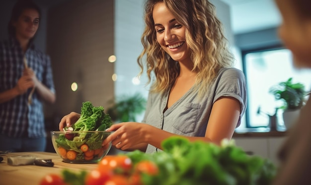 Ritratto di una giovane donna sorridente casalinga che mescola un'insalata vegetariana nella cucina moderna Sorridente femmina allegra che prepara insalata di verdure fresche Cibo sano e nutrizione Tecnologia generativa Ai