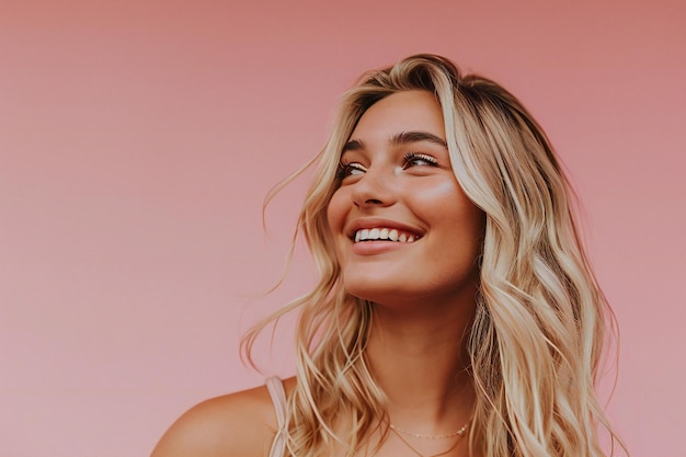 Ritratto di una giovane donna sorridente che guarda la telecamera su uno sfondo rosa