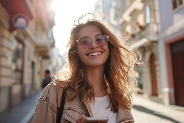 Ritratto di una giovane donna sorridente che si gode la vita cittadina con occhiali per capelli ricci e moda alla moda