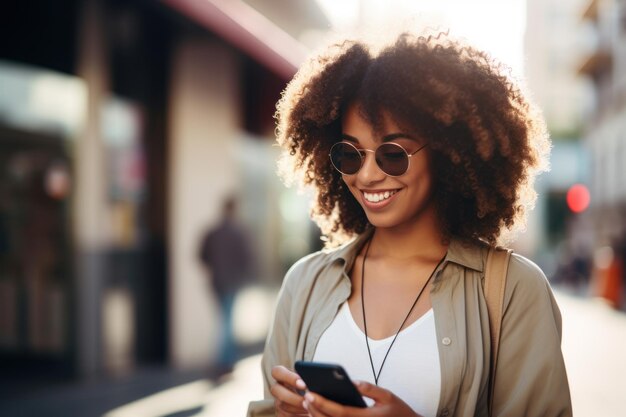 Ritratto di una giovane donna sorridente che utilizza il telefono cellulare in città