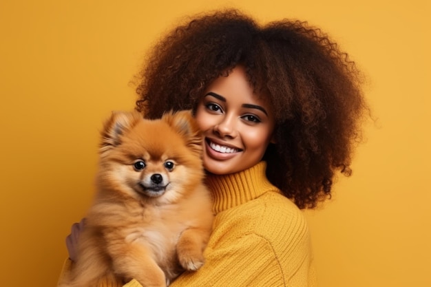 Ritratto di una giovane donna sorridente con i capelli afro in maglione giallo che posa con un carino cucciolo di spitz pomeraniano una ragazza felice che abbraccia il suo amato animale domestico amore tra uomo e cane sfondo dello studio giallo