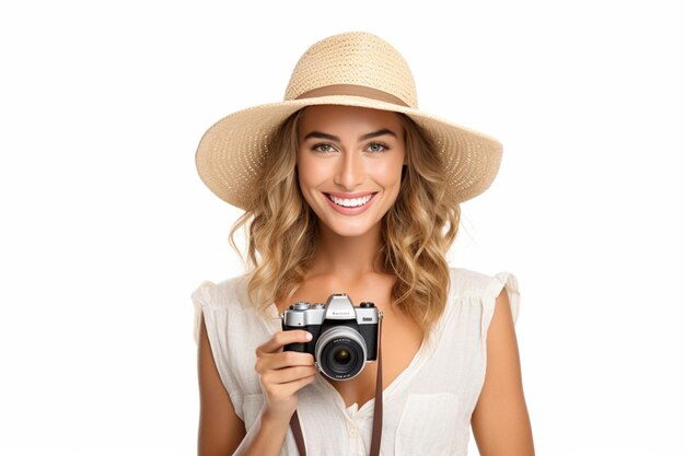 Ritratto di una giovane donna sorridente con il cappello d'estate in piedi con la fotocamera