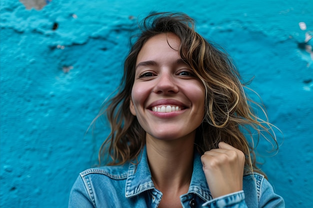 Ritratto di una giovane donna sorridente contro un muro blu