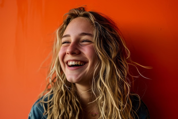 Ritratto di una giovane donna sorridente contro una parete arancione