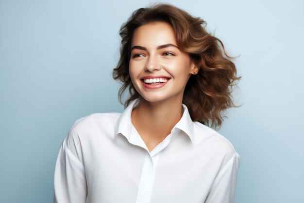 Ritratto di una giovane donna sorridente in camicia bianca
