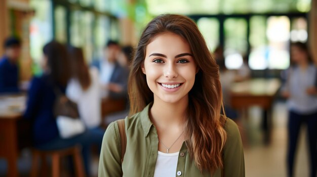 Ritratto di una giovane donna sorridente in una camicia verde