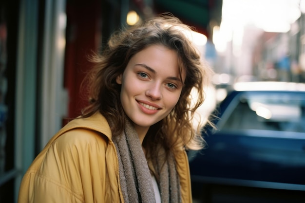 ritratto di una giovane donna sorridente per strada a new york city new york usa