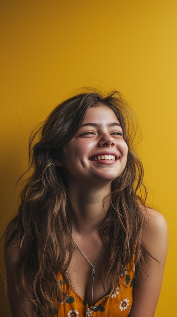 Ritratto di una giovane donna sorridente su uno sfondo giallo foto d'archivio