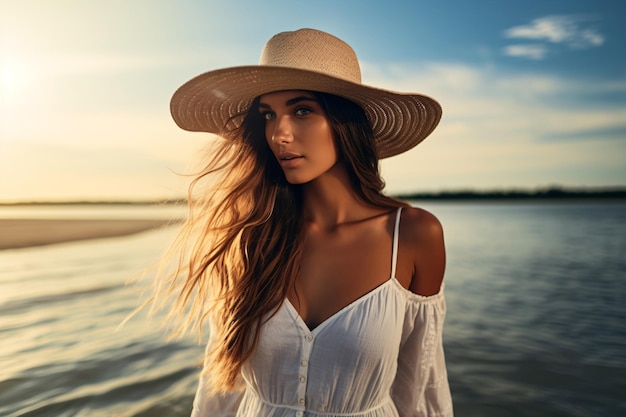 Ritratto di una giovane donna splendida con cappello di paglia in spiaggia durante le vacanze estive Vibrazioni estive
