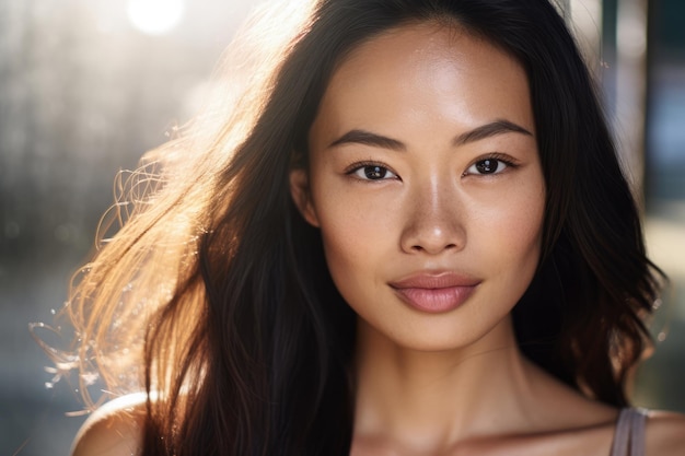 Ritratto di una giovane e bella donna asiatica con il sole sul viso